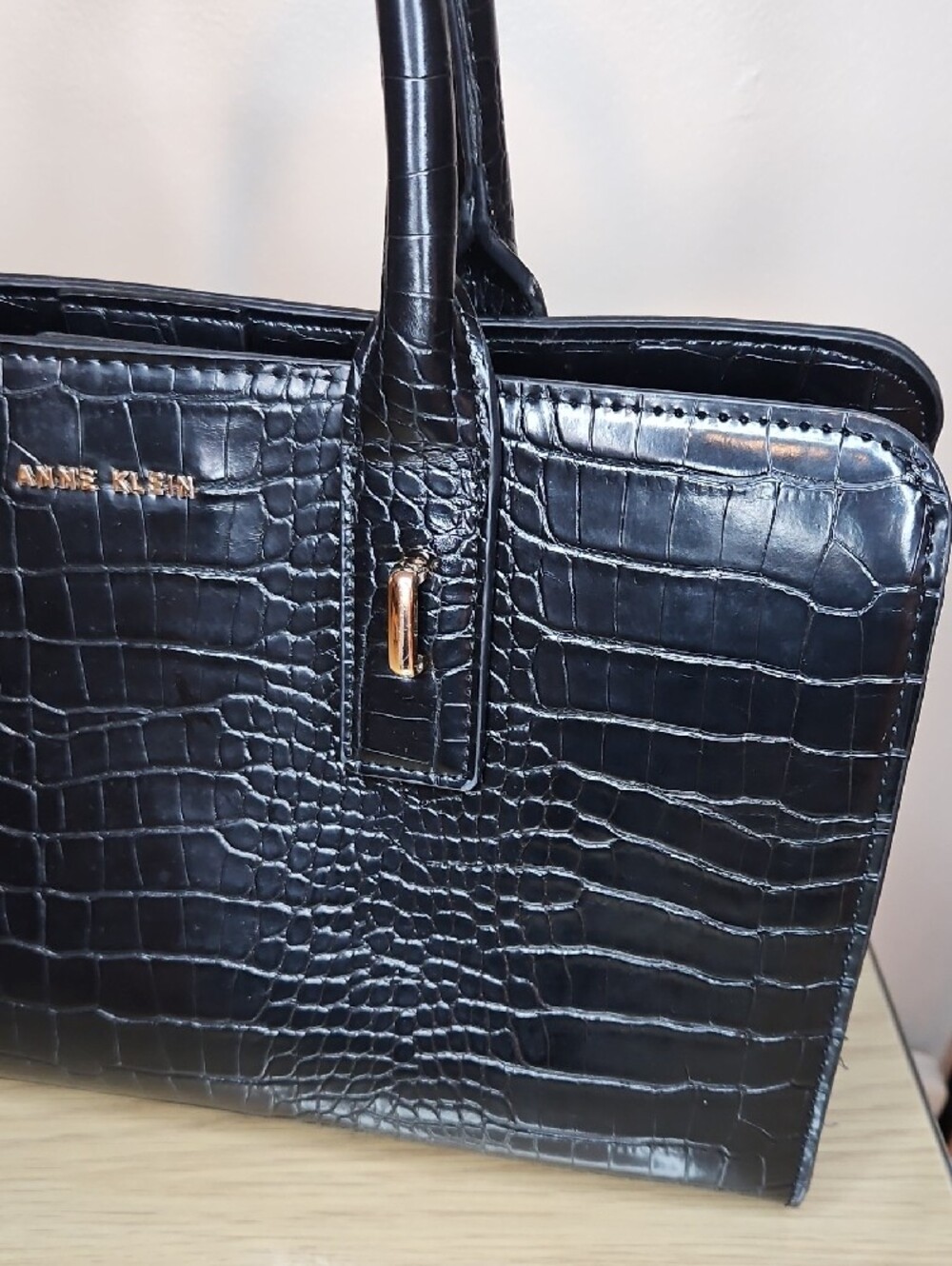 Anne Klein Black Croc-Embossed Satchel with Gold Hardware - Picture 3 of 7